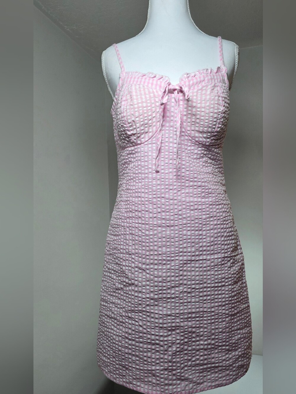 Pink Seersucker Dress with Spaghetti Straps